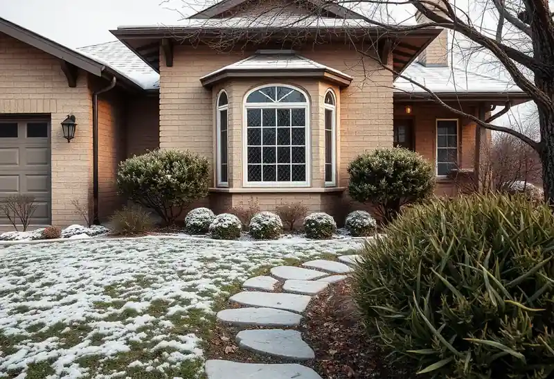 Illustration of front yard with drought-tolerant planting and a stone path in a 1947-era home