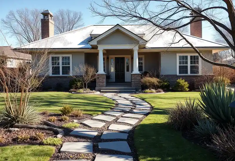 Illustration of front yard with drought-tolerant planting and a stone path in a 1947-era home