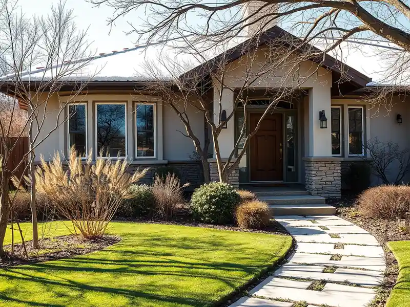 Illustration of close-up of materials and finishes of front yard with drought-tolerant planting and a stone path in a 1947-er