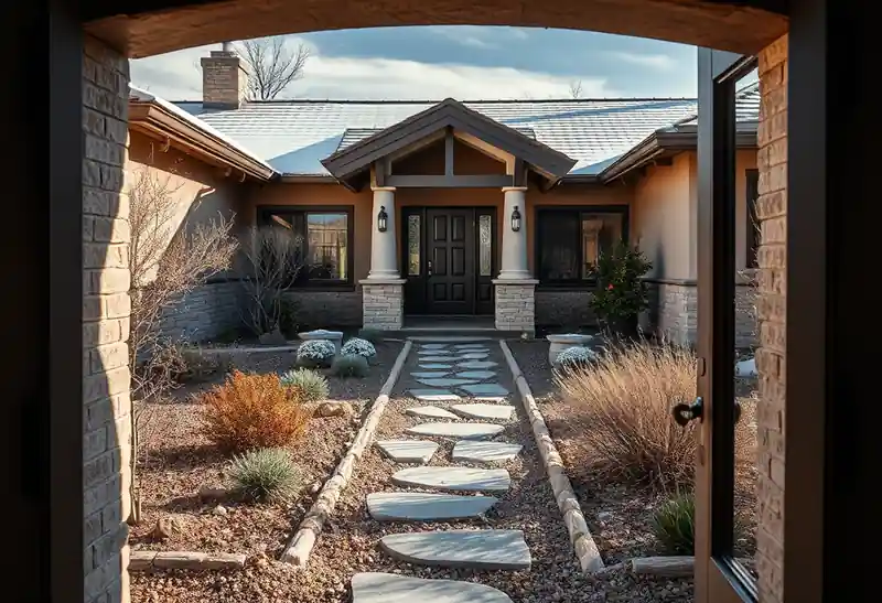 Illustration of front yard with drought-tolerant planting and a stone path in a 1947-era home