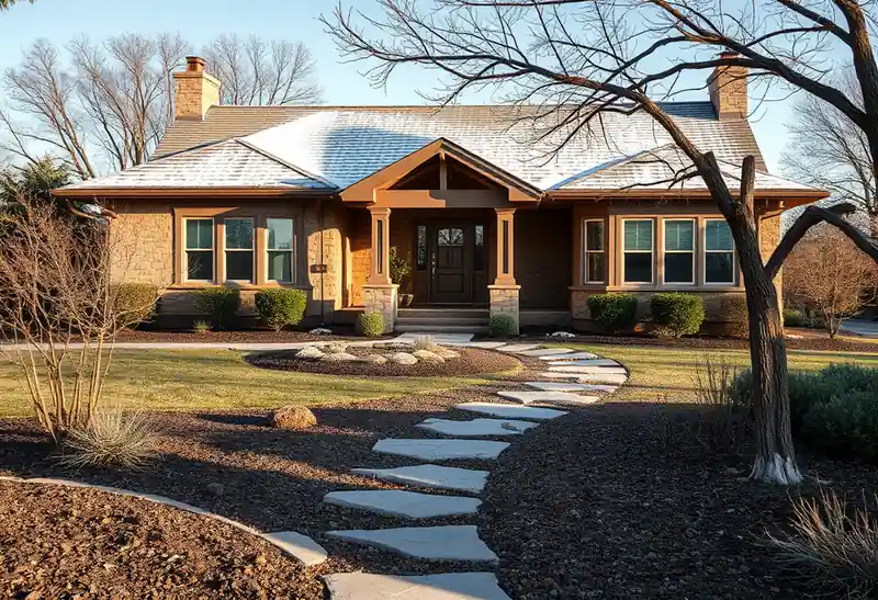 Illustration of front yard with drought-tolerant planting and a stone path in a 1947-era home