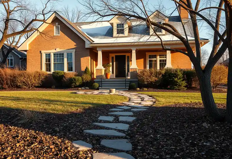 Illustration of front yard with drought-tolerant planting and a stone path, as found in 1947-era homes