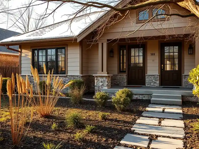 Illustration of close-up of materials and finishes of front yard with drought-tolerant planting and a stone path, as found in