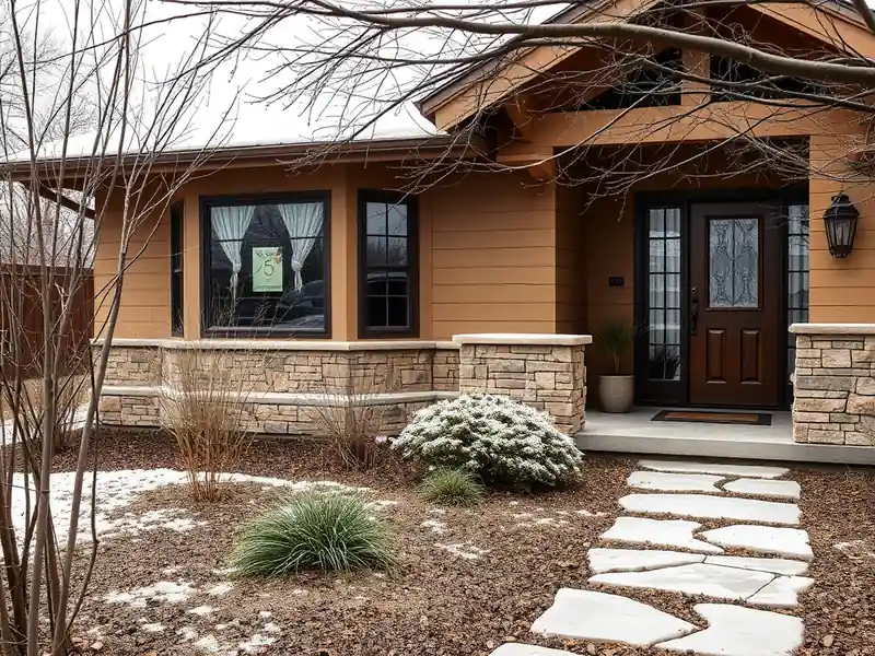 Illustration of close-up of materials and finishes of front yard with drought-tolerant planting and a stone path, as found in