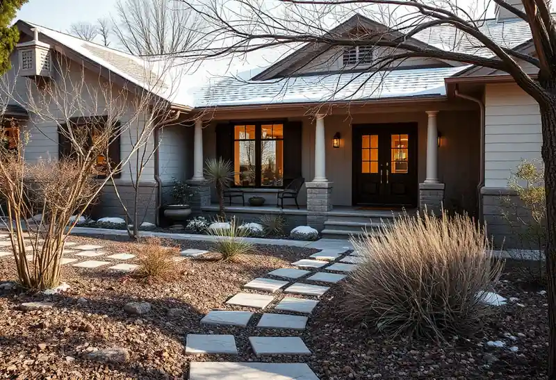 Illustration of front yard with drought-tolerant planting and a stone path in a 1947-era home