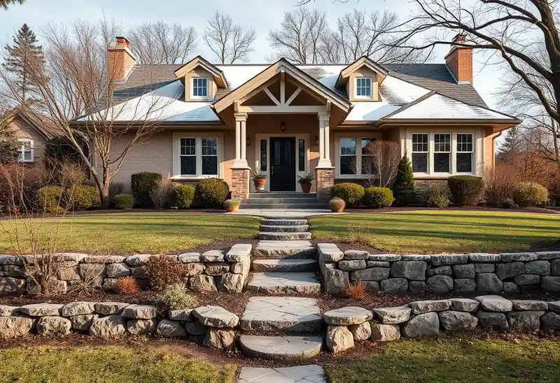 Illustration of front yard with drought-tolerant planting and a stone path in a 1947-era home