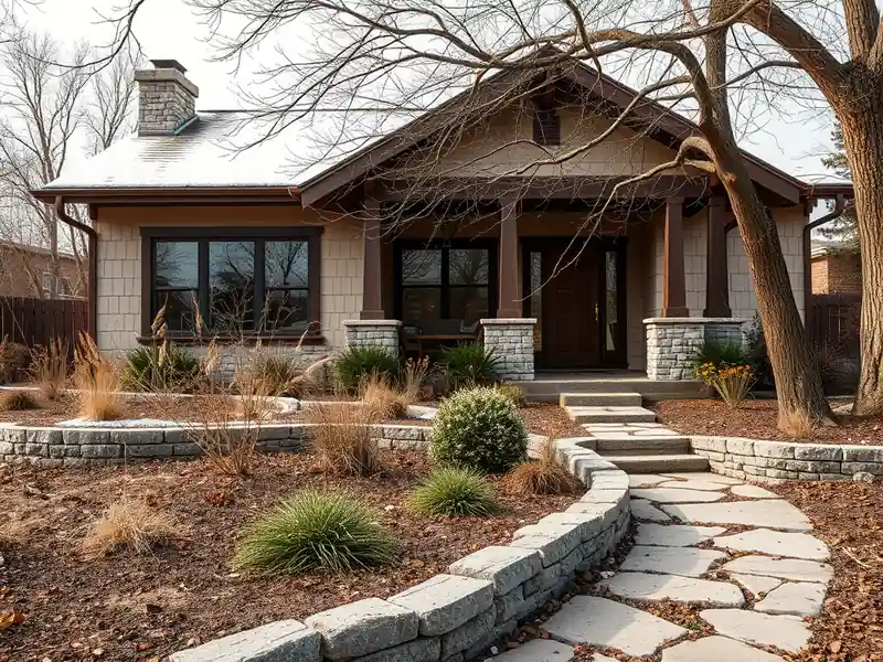 Illustration of close-up of materials and finishes of front yard with drought-tolerant planting and a stone path in a 1947-er