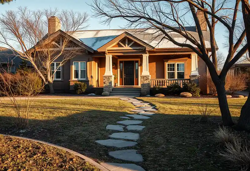 Illustration of front yard with drought-tolerant planting and a stone path in a 1947-era home